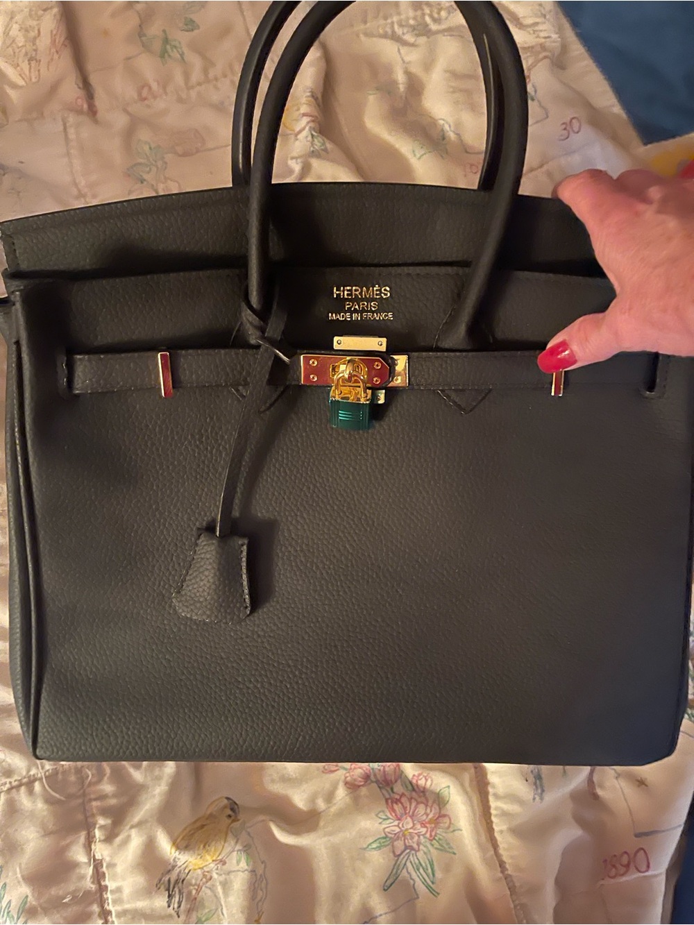 Black Leather Bag with Gold Hardware and Colorful Enamel Lock with key - Picture 2 of 3